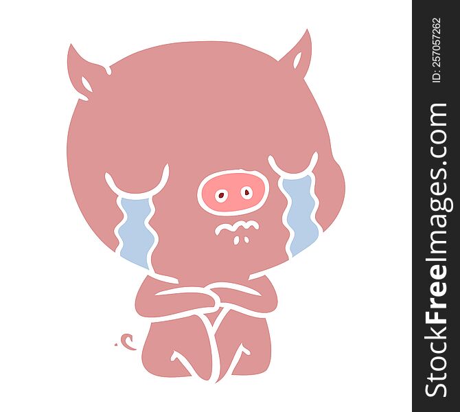 flat color style cartoon sitting pig crying