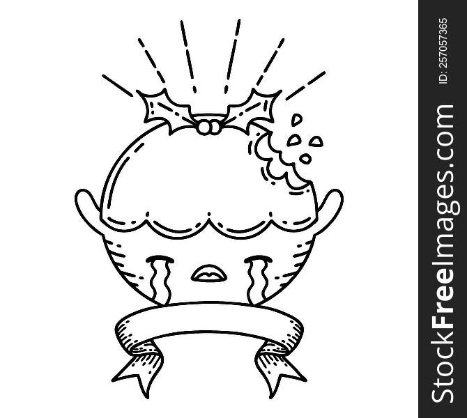 Banner With Black Line Work Tattoo Style Christmas Pudding Character Crying