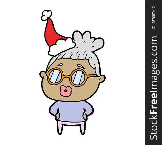 Line Drawing Of A Librarian Woman Wearing Spectacles Wearing Santa Hat