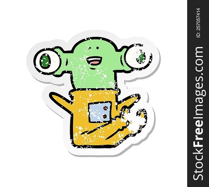 distressed sticker of a friendly cartoon alien sitting down