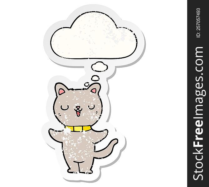 cartoon cat with thought bubble as a distressed worn sticker