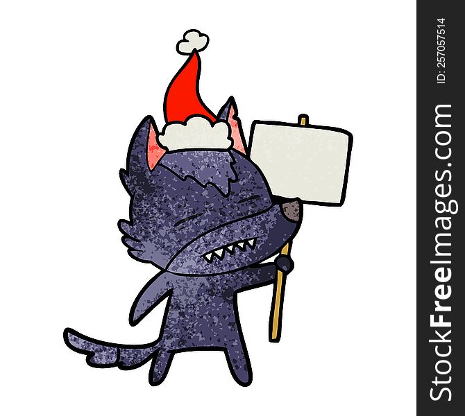 hand drawn textured cartoon of a wolf with sign post showing teeth wearing santa hat