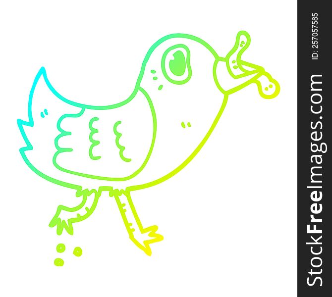 Cold Gradient Line Drawing Cartoon Bird With Worm