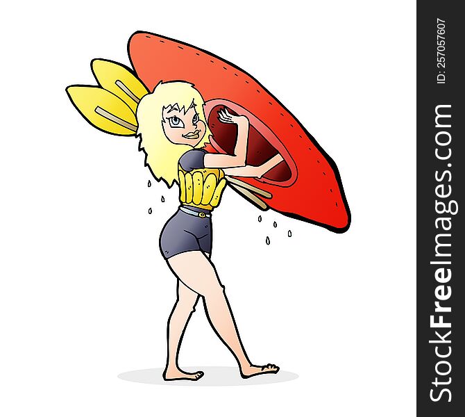 cartoon woman carrying canoe