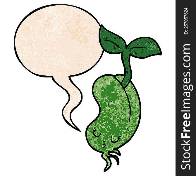 cartoon sprouting bean with speech bubble in retro texture style