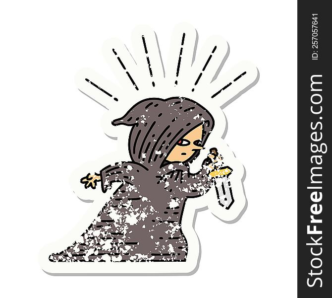 Grunge Sticker Of Tattoo Style Assassin With Knife