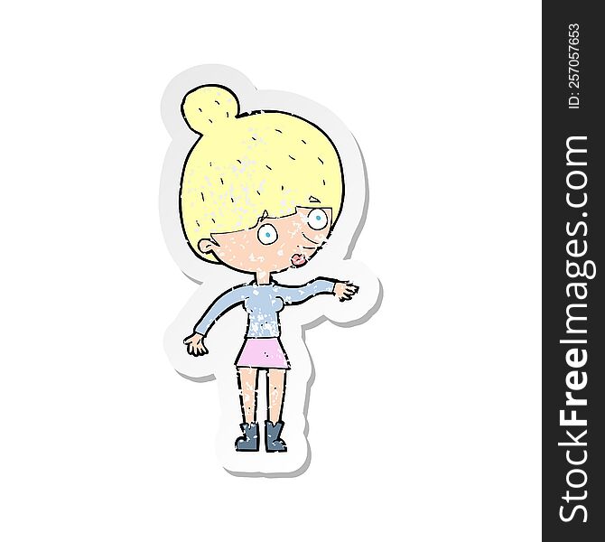retro distressed sticker of a cartoon surprised woman