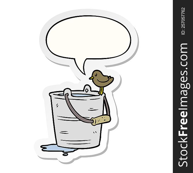 Cartoon Bird Looking Into Bucket Of Water And Speech Bubble Sticker