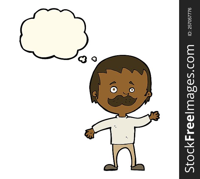 Cartoon Man With Mustache Waving With Thought Bubble