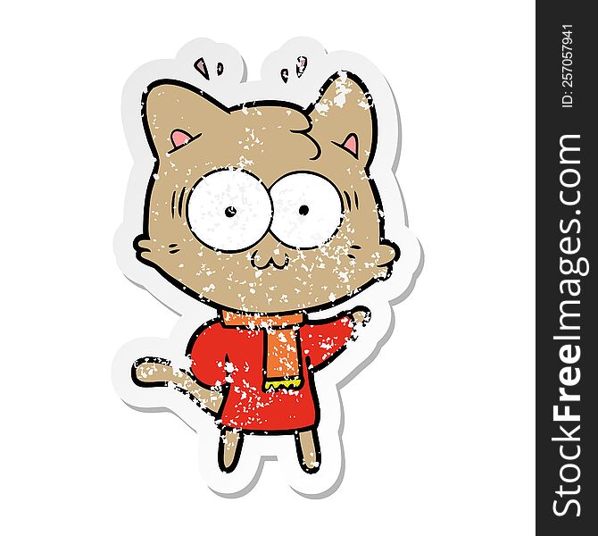 distressed sticker of a cartoon surprised cat wearing warm winter clothes