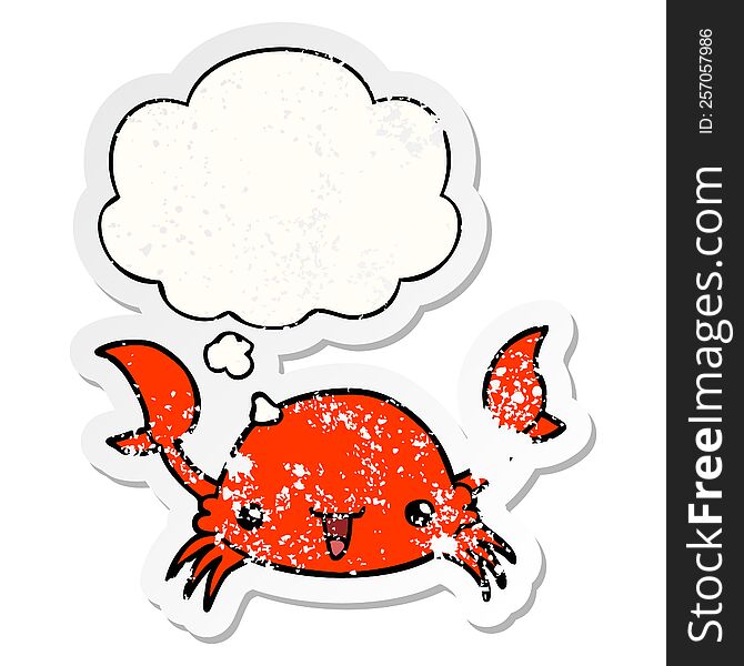 cartoon crab and thought bubble as a distressed worn sticker