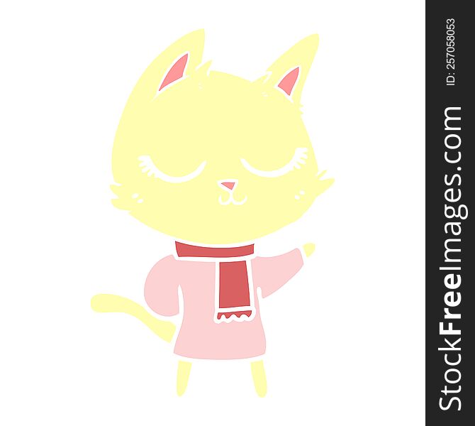 Calm Flat Color Style Cartoon Cat Wearing Scarf