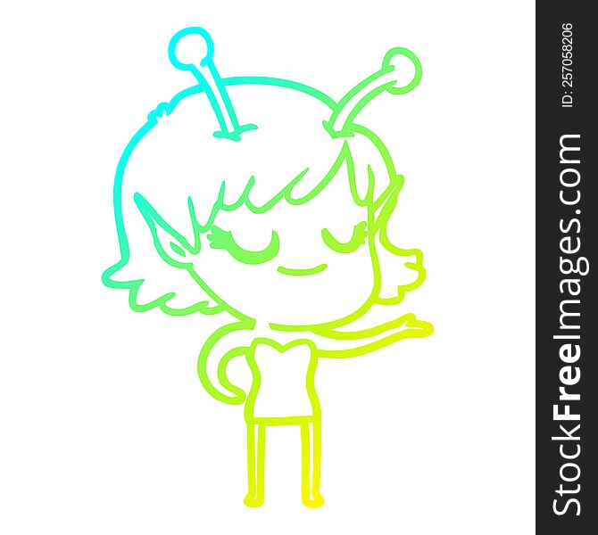 Cold Gradient Line Drawing Smiling Alien Girl Cartoon