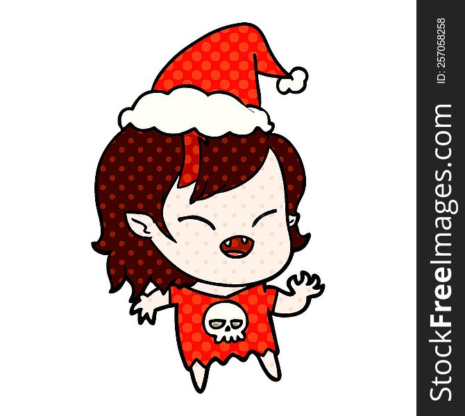 hand drawn comic book style illustration of a laughing vampire girl wearing santa hat
