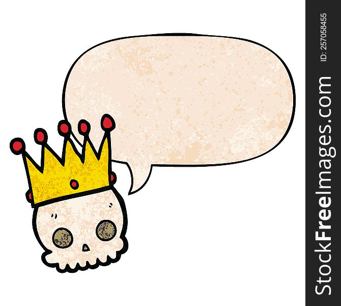cartoon skull with crown with speech bubble in retro texture style. cartoon skull with crown with speech bubble in retro texture style