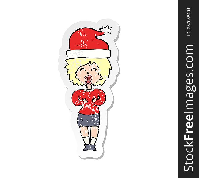 retro distressed sticker of a cartoon woman getting ready for christmas