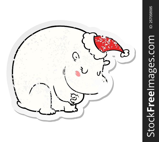 Cute Distressed Sticker Cartoon Of A Polar Bear Wearing Santa Hat