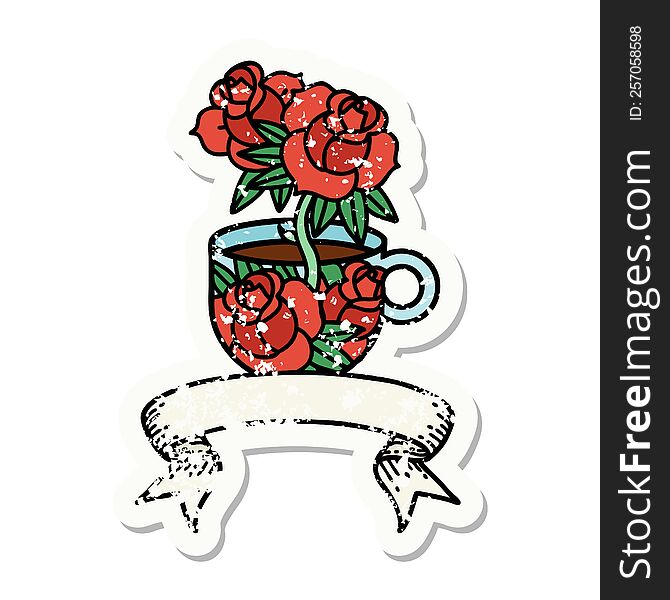Grunge Sticker With Banner Of A Cup And Flowers