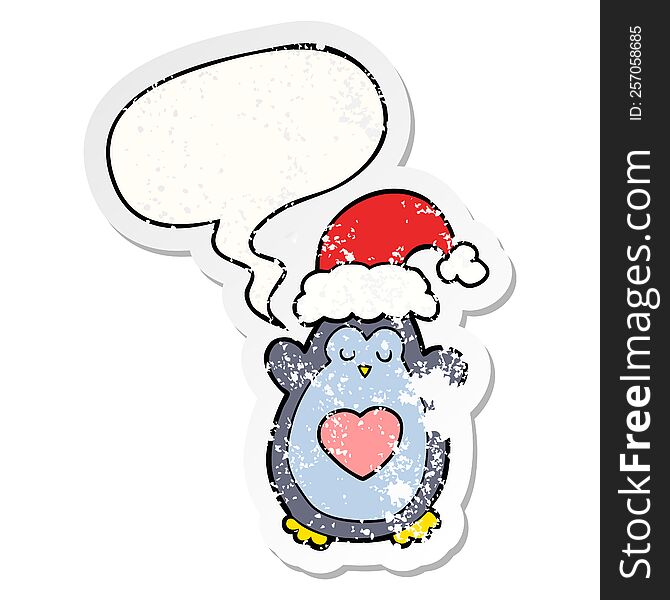 Cute Christmas Penguin And Speech Bubble Distressed Sticker