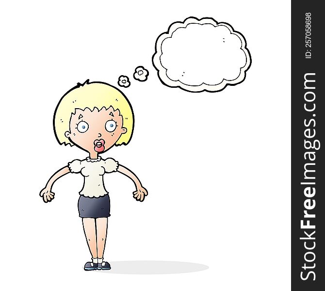 Cartoon Confused Woman Shrugging Shoulders With Thought Bubble