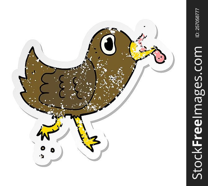distressed sticker of a cartoon bird with worm
