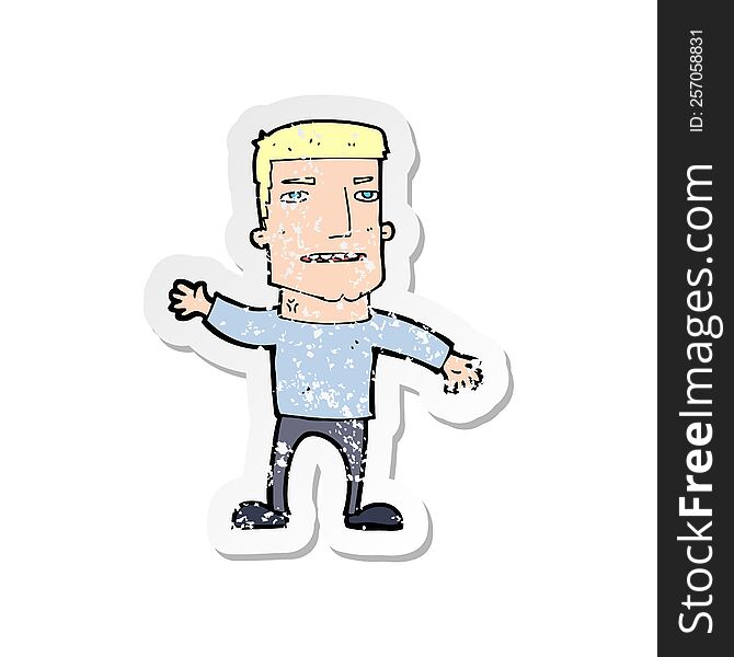 Retro Distressed Sticker Of A Cartoon Waving Stressed Man