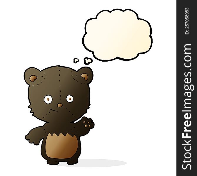 cartoon black bearcub waving with thought bubble