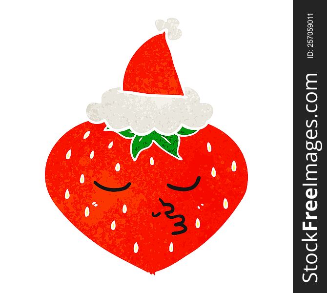 hand drawn retro cartoon of a strawberry wearing santa hat