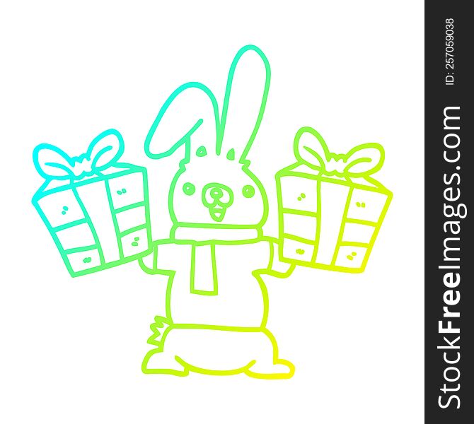 cold gradient line drawing cartoon rabbit with christmas presents