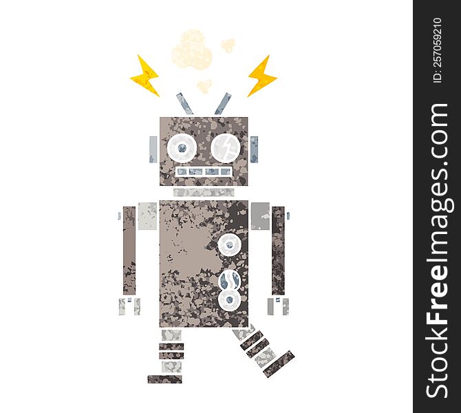 Retro Illustration Style Cartoon Malfunctioning Robot