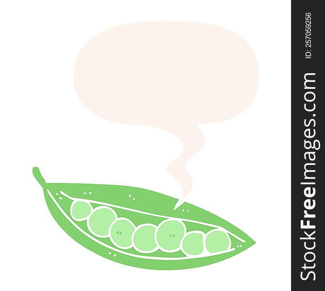 cartoon peas in pod with speech bubble in retro style