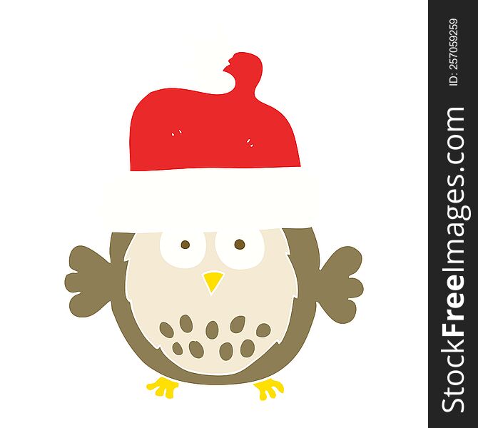 flat color illustration of a cartoon owl wearing christmas hat