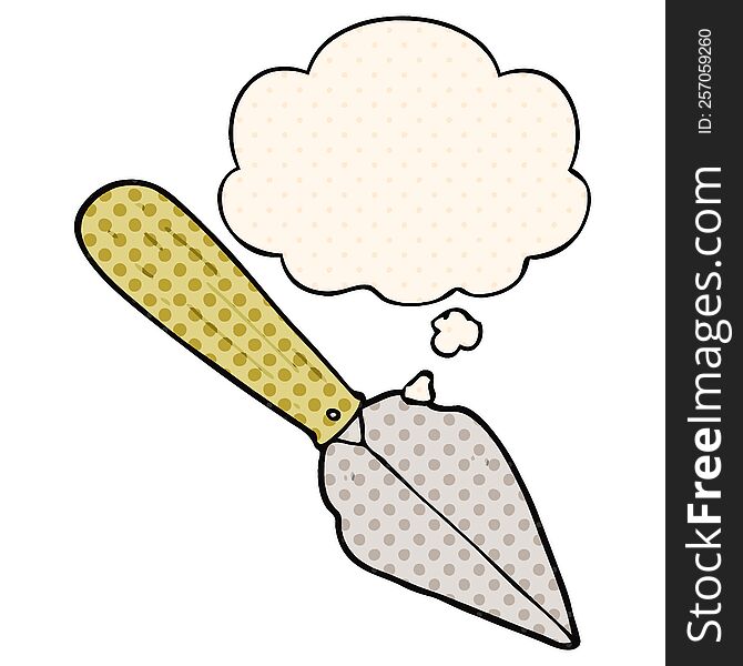 cartoon garden trowel and thought bubble in comic book style