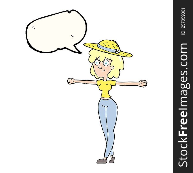 freehand drawn speech bubble cartoon woman spreading arms