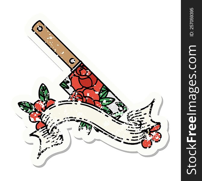 worn old sticker with banner of a cleaver and flowers. worn old sticker with banner of a cleaver and flowers