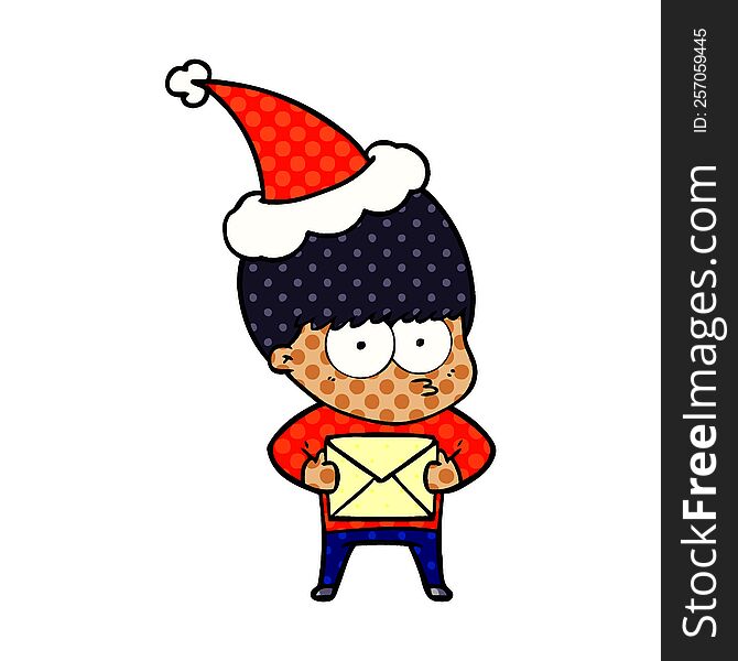 Nervous Comic Book Style Illustration Of A Boy Wearing Santa Hat