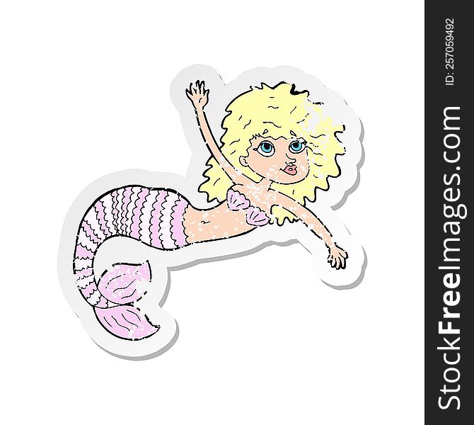 Retro Distressed Sticker Of A Cartoon Pretty Mermaid Waving