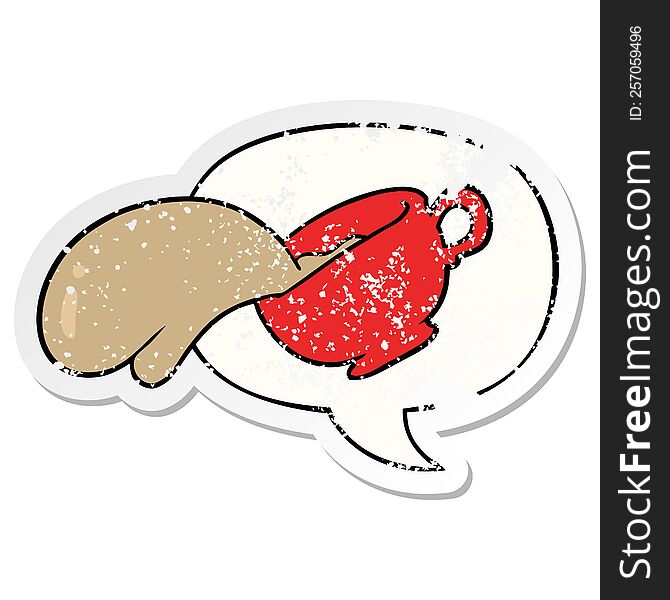 Cartoon Mug Of Coffee And Speech Bubble Distressed Sticker