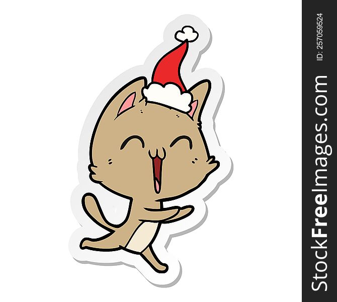 Happy Sticker Cartoon Of A Cat Meowing Wearing Santa Hat