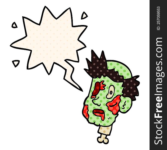 cartoon zombie head with speech bubble in comic book style