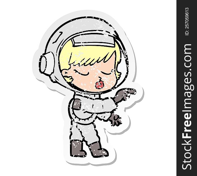 Distressed Sticker Of A Cartoon Pretty Astronaut Girl Pointing