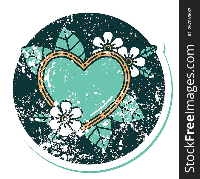 Distressed Sticker Tattoo Style Icon Of A Botanical Heart