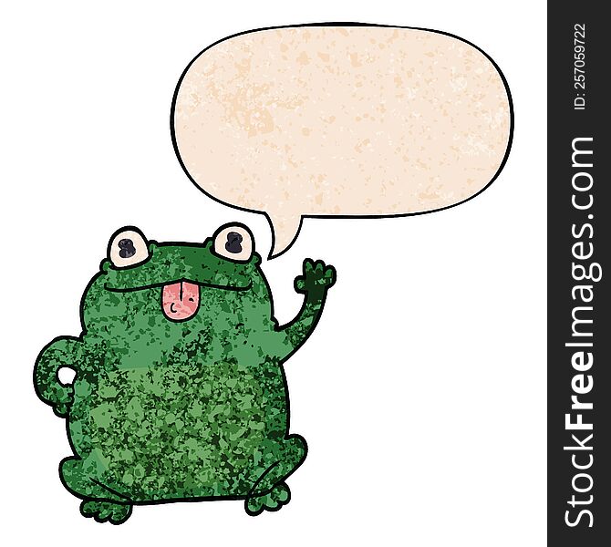 cartoon frog with speech bubble in retro texture style