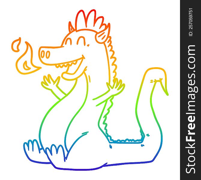 rainbow gradient line drawing of a cartoon happy dragon