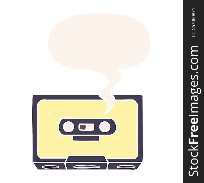 cartoon old cassette tape with speech bubble in retro style