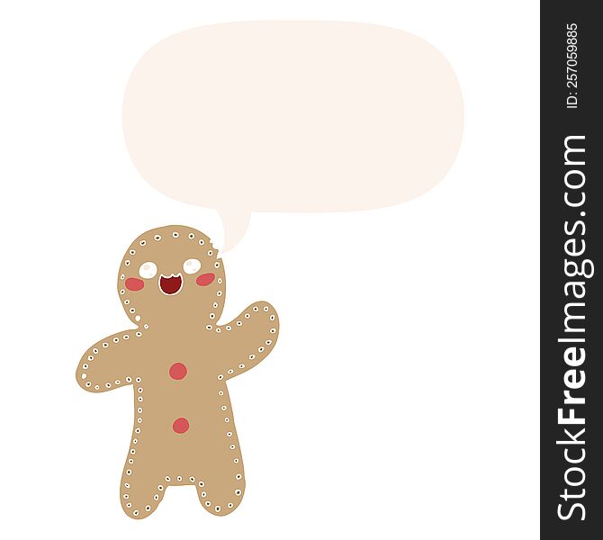 cartoon gingerbread man with speech bubble in retro style