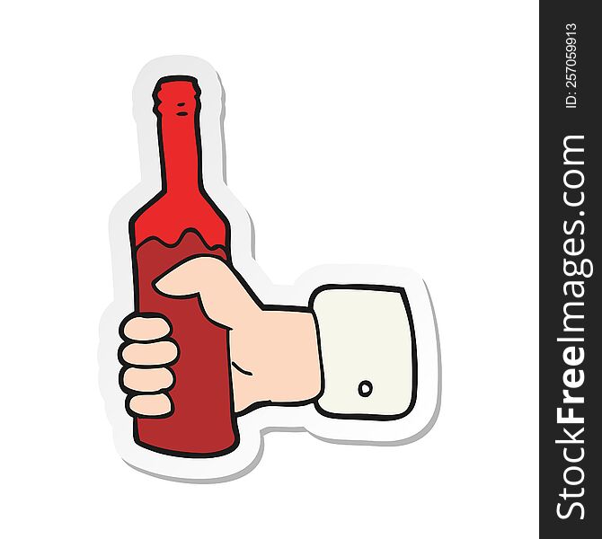 sticker of a cartoon hand holding bottle of wine