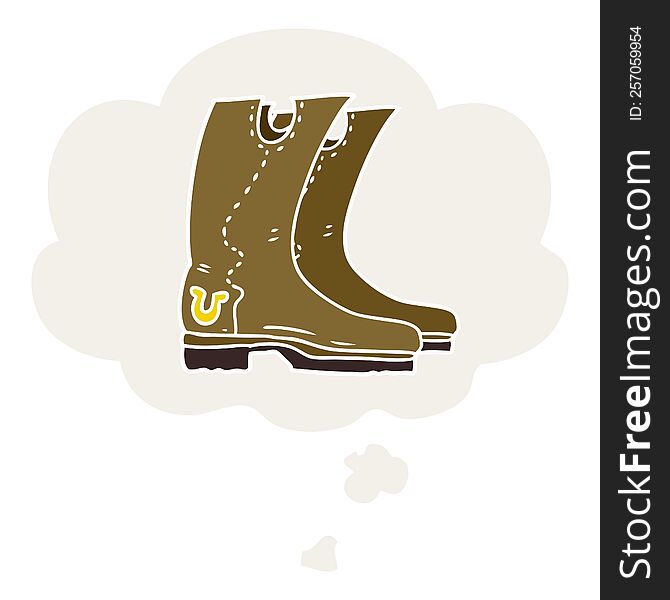 cartoon cowboy boots with thought bubble in retro style