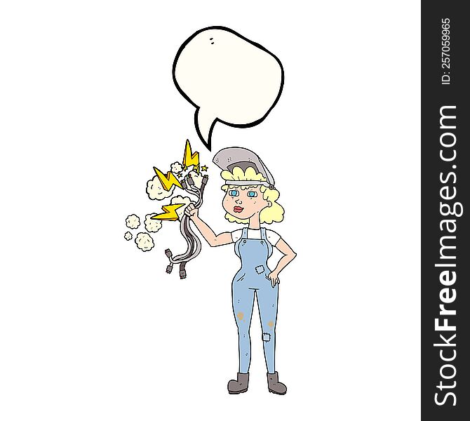 freehand drawn speech bubble cartoon electrician woman