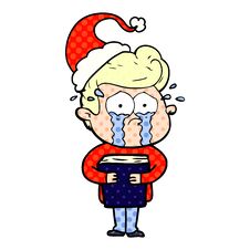 Comic Book Style Illustration Of A Crying Man Holding Book Wearing Santa Hat Royalty Free Stock Images